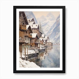 Vintage Winter Painting Hallstatt Austria 2 Art Print