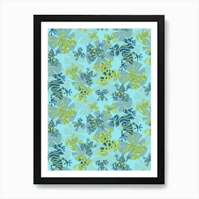 Playful Green And Blue Frogs Frolicking Across A Canvas Of Overlapping Gray Lily Pads On A Light Blue Background Art Print