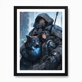 Wolf And Girl In The Rain Art Print