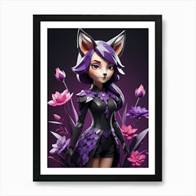 Low Poly Floral Fox Girl, Purple (8) Art Print