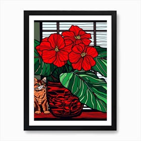 Drawing Of A Still Life Of Poinsettia With A Cat 3 Art Print