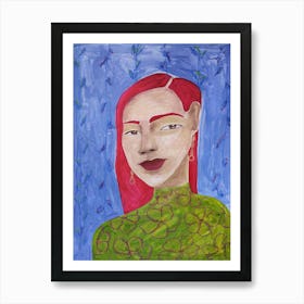 Acrylic painting of a woman with red hair on a blue background Art Print
