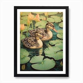 Ducklings With The Water Lilies Japanese Woodblock Style  6 Art Print