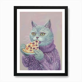 Grey Cat Eating A Pizza Slice Folk Illustration 1 Art Print