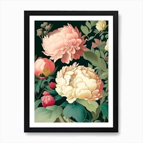 Borders And Edges 2 Peonies Colourful Vintage Sketch Art Print