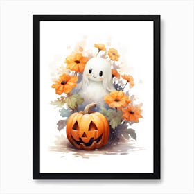 Cute Ghost With Pumpkins Halloween Watercolour 26 Poster