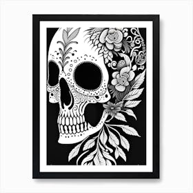 Skull With Bird Motifs Black And White Doodle Art Print