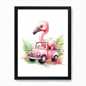 Baby Flamingo On Toy Car, Watercolour Nursery 0 Art Print