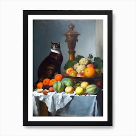 Painting Of A Still Life Of A Bourvardia With A Cat, Realism 4 Art Print