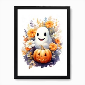 Cute Ghost With Pumpkins Halloween Watercolour 14 Art Print