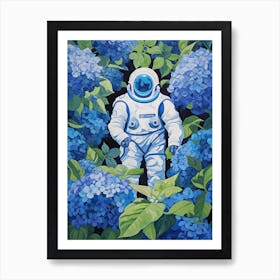 Astronaut Surrounded By Royal Blue Hydrangea Flower 1 Art Print
