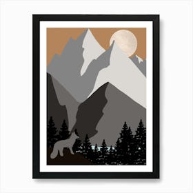 Mountain Wolf Trees Nature Moon Landscape Peaks Hills Black Grey Art Print