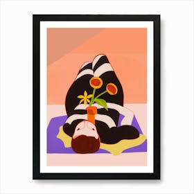 Woman Chilling On The Floor Holding Flowers Art Print