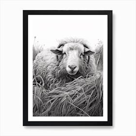 Black & White Illustration Of Highland Sheep In The Straw 1 Art Print