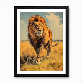 African Lion Hunting Acrylic Painting 2 Art Print