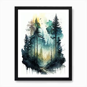 Watercolor Forest Painting Art Print