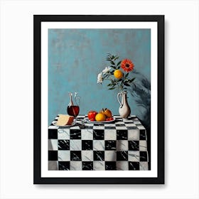 Checkerboard Of Cheese Wine Fruit & Flowers Art Print