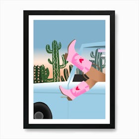 Western Cowgirl Car Cactus Desert Hand Drawn Illustrated Trendy Art Art Print