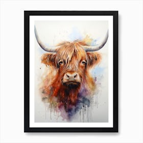 Paint Dripping Watercolour Of Highland Cow Art Print