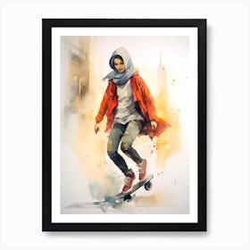 Girl Skateboarding In Istanbul, Turkey Watercolour 4 Art Print