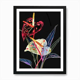 Neon Flowers On Black Flamingo Flower 2 Art Print