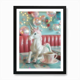 Toy Unicorn Drinking Coffee In A Diner Art Print