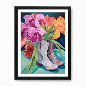 Oil Painting Of Pink And Red Flowers And Cowboy Boots, Oil Style 8 Art Print