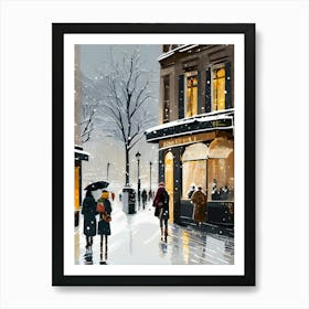 Paris cafes, winter season, Christmas, autumn oil colors, pale colors, pedestrians in the street, winter clothes, falling snow.1 Art Print