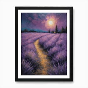 Moon Rise Over The Lavender Fields - Dark Gloomy Beautiful Enchanting Feature Art Wall Decor - Flowers Art Print