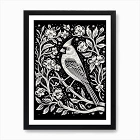 B&W Bird Linocut Northern Cardinal Art Print