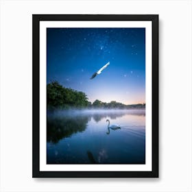 Swan Gliding Gracefully Over A Moonlit Mystical Lake Reflection Of Twinkling Stars On Waters Surf Art Print