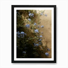 Blue Flowers Against Yellow Wall Oil Painting Art Print