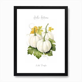 Hello Autumn White Pumpkin Watercolour Illustration 3 Art Print