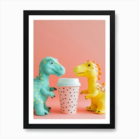 Toy Dinosaurs Share A Coffee Art Print