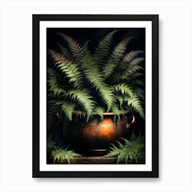 Ferns in a Witches Copper Cauldron | Dark Cottagecore Vintage Art Prints | Dark Aesthetic Gothic Academia Feature Wall | Altar Wall Witchcraft Wicca Style in HD Art Print