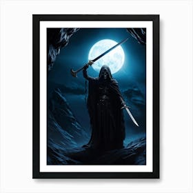 Grim Reapers Skull Emerges From An Abyss Of Bleak Darkness Clutching A Sword Dim Moonlight Castin (2) Art Print