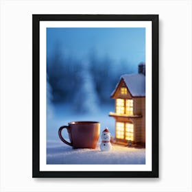 Macro Photography Of A Cup Cradling A Miniature House Windows Aglow With Warm Light Snow Covered T (1) Art Print