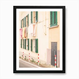 Florence, Italy I Street photography in pastel yellow summer colors in Fiesole village in Tuscany with its laundry drying in the window like la dolce vita of italian everyday daily life scene Art Print