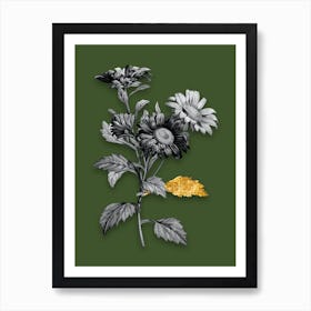 Vintage Red Aster Flowers Black and White Gold Leaf Floral Art on Olive Green Art Print