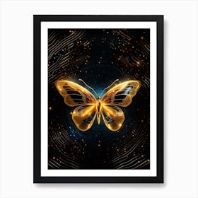 Golden Butterfly On Black Background Art Print