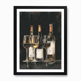 Wine Bottle & Glasses Ink Splash Illustration Art Print