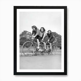 Three Women On A Bicycle, Vintage Black and White Old Photo Art Print