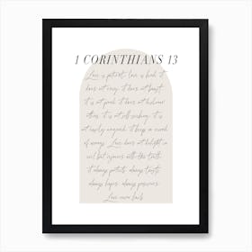 Love is patient love is kind 1 Corinthians 13 Minimal Boho Beige Arch Script 1 Art Print