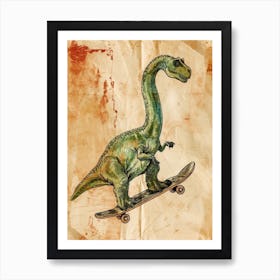 Vintage Brachiosaurus Dinosaur On A Skateboard 1 Art Print
