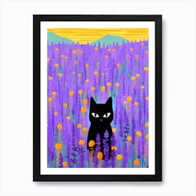 Black Cat Lavender Orange Flowers Field Art Print