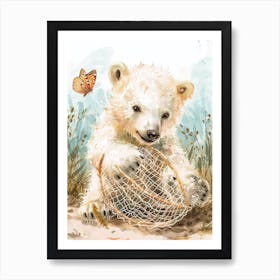 Polar Bear Cub Playing With A Butterfly Net Storybook Illustration 1 Art Print