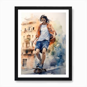 Girl Skateboarding In Buenos Aires, Argentina Watercolour 4 Art Print