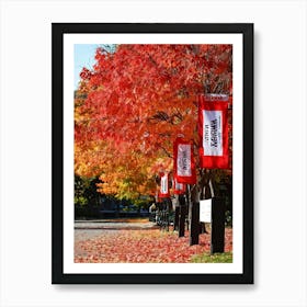 An Autumnal Scene Rich In Fall Foliage Utilizing A Vibrant Red And Orange Color Palette Showcasin (1) Art Print