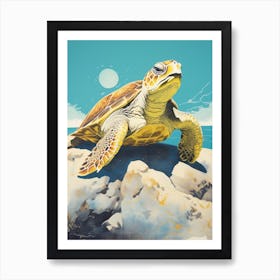 Sea Turtle On A Rock With Blue Sky Art Print