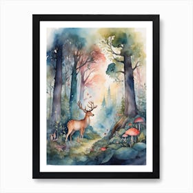 Watercolor Deer In The Forest Art Print